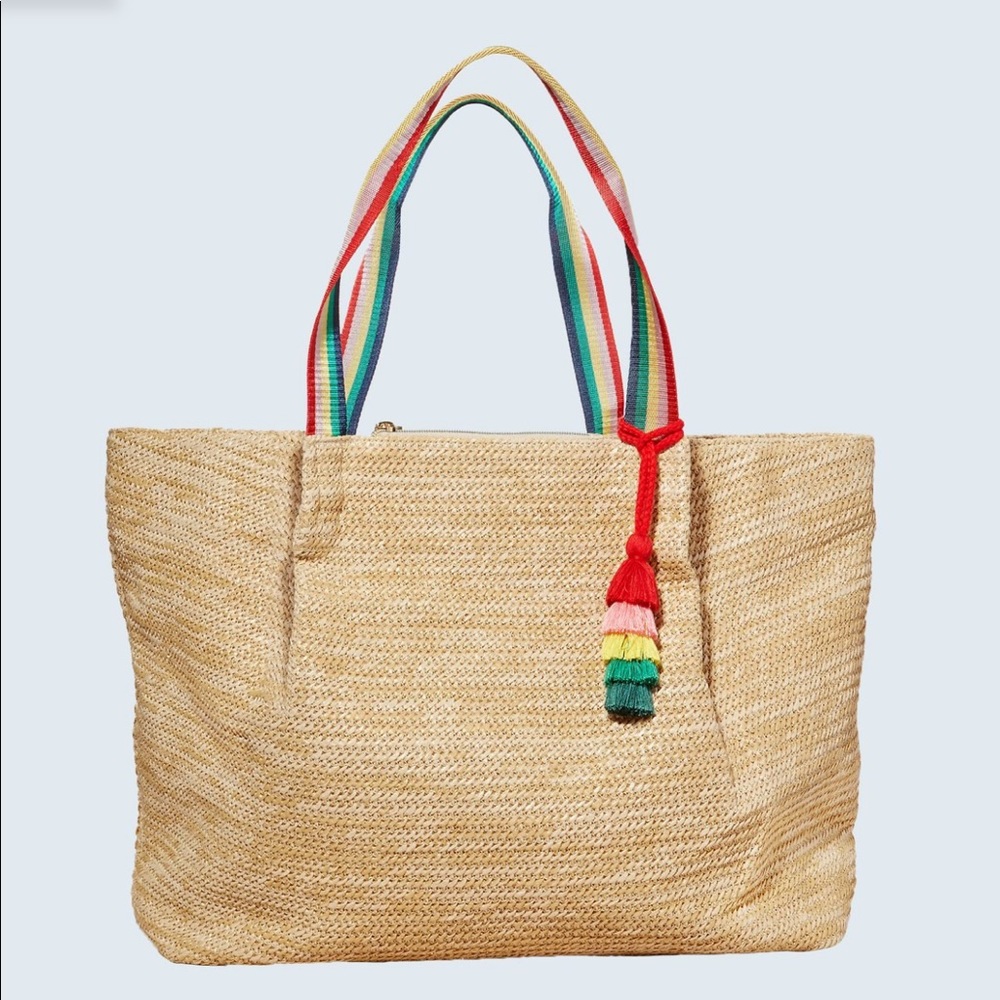 Stella and Dot Straw Tote Bag Natural/Rainbow